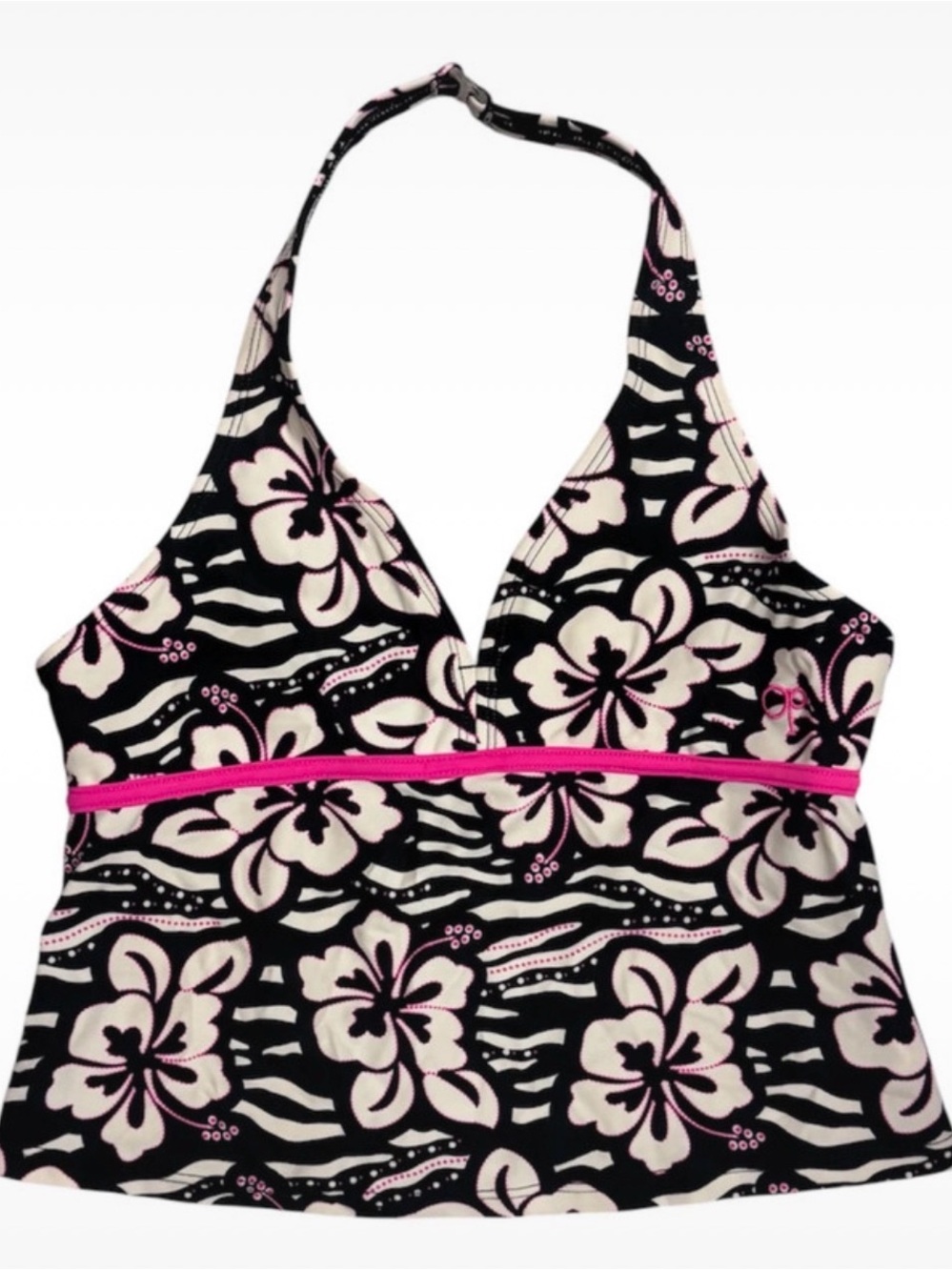 Black Floral Halter Tankini Top with Pink Waistband
